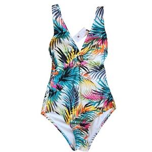 New Shade & Shore Women's Plunge Ring Detail One Piece Swimsuit Tropical Medium